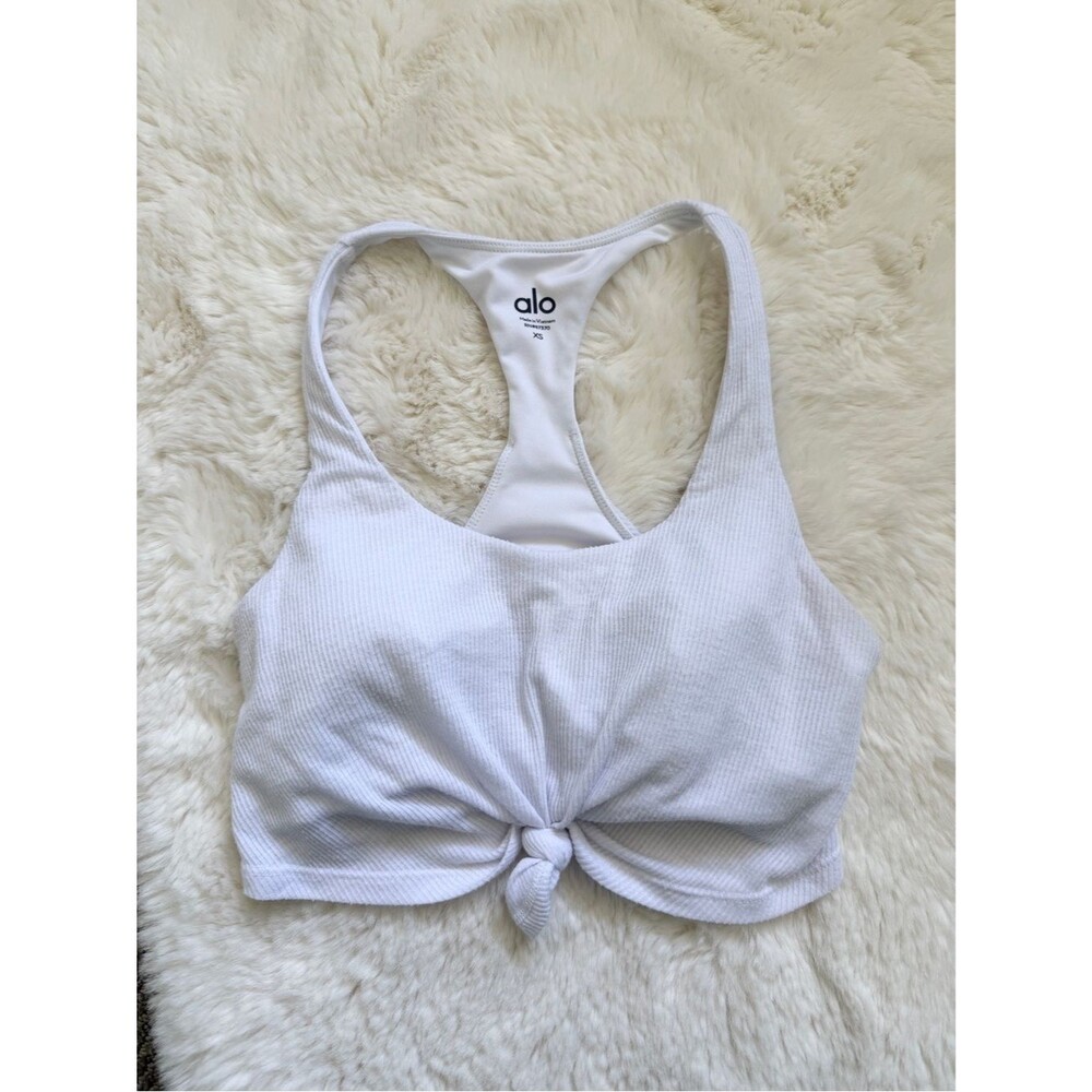 Alo Ribbed Knot Front Sports Bra Tank Top XS - White